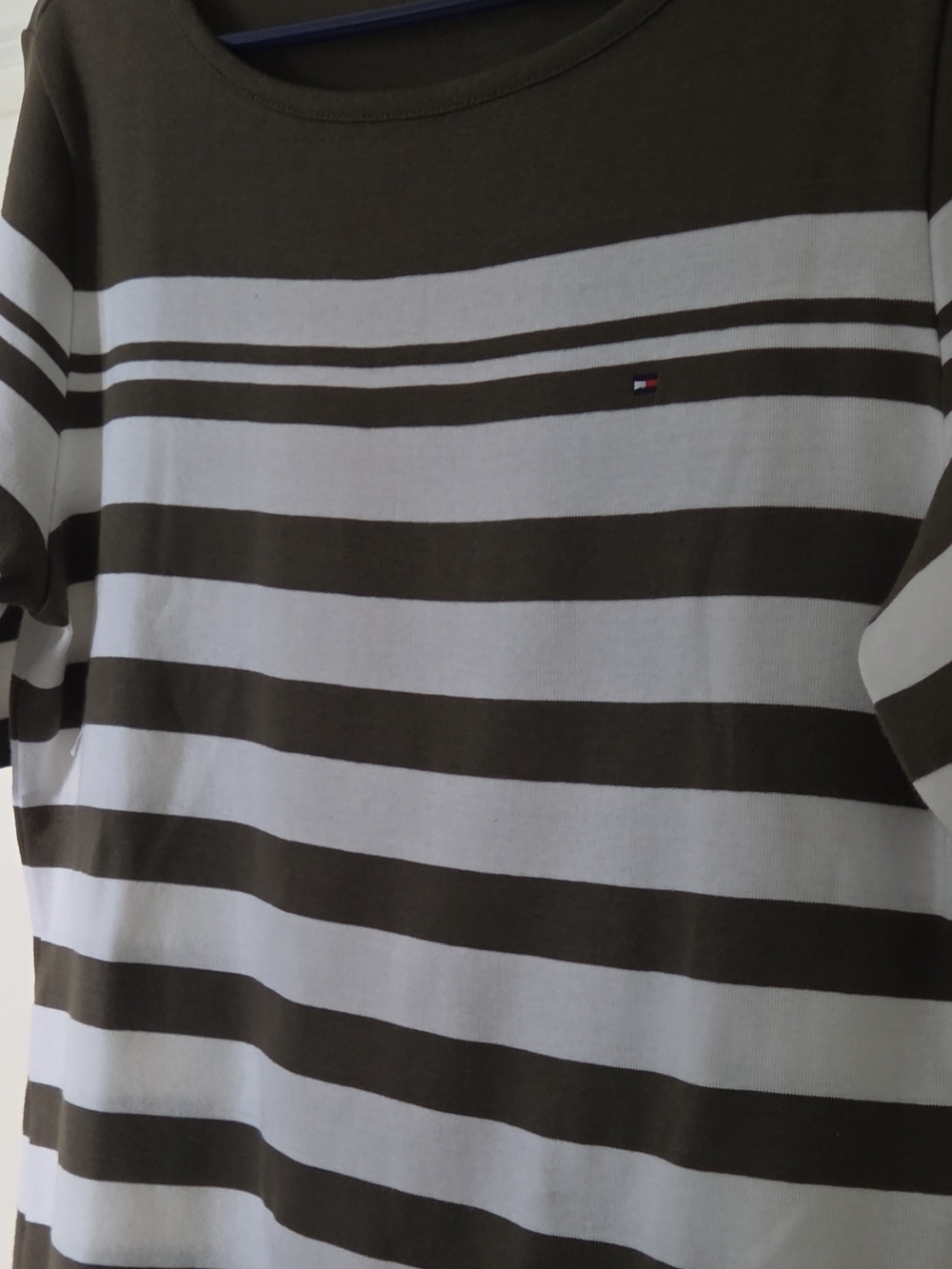 Tommy Hilfiger Olive Green and White Striped Short Sleeve Tee